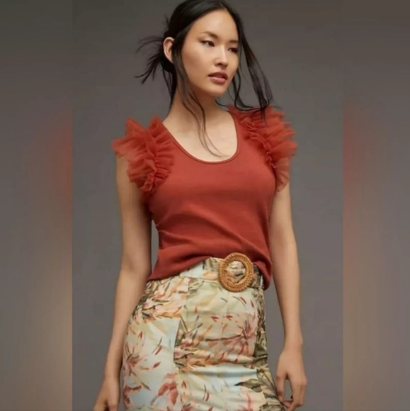 Bailey/44 Rust Ruffle Sleeved Ribbed Top XL - Picture 1 of 6